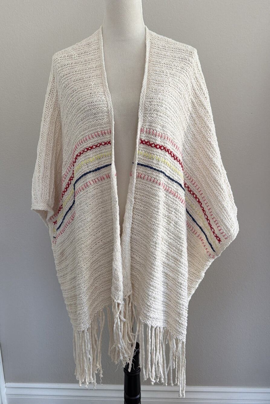 Love Stitch Open Front Cardigan Sweater One Size Cream Fringe Cotton Blend Boho
